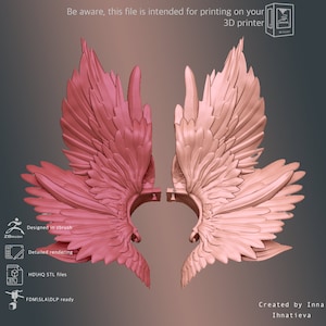 May include: A 3D printed model of a pair of angel wings. The wings are shown in two different colours, one pink and one peach. The wings are designed to be printed on a 3D printer. The image includes the text "Be aware, this file is intended for printing on your 3D printer."