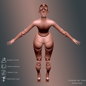 May include: A 3D model of a female figure with a detailed design. The figure is posed standing with arms outstretched. The model is designed in Zbrush and is ready for 3D printing.
