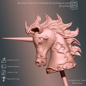 May include: A 3D printed model of a unicorn head with a detailed rendering of the mane, horn, and bridle. The model is designed for printing on a 3D printer.
