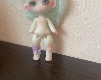 Handmade Chibi Doll: Mint Hair, Sparkly Lace Dress - Collectible Fantasy Figurine