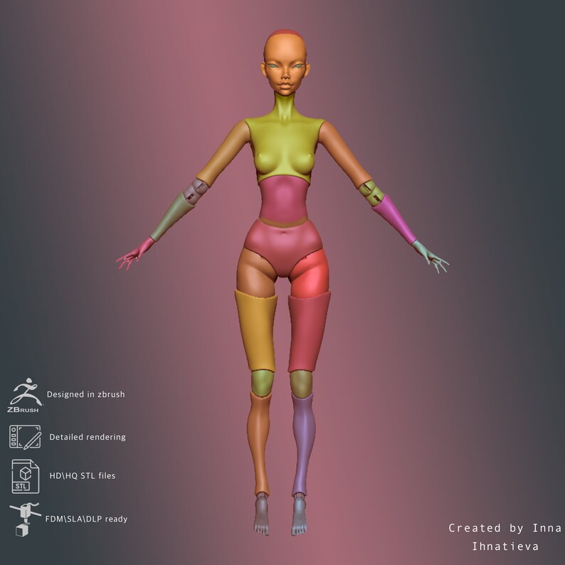 May include: A 3D model of a female figure, segmented into different colored parts, designed for 3D printing. The model is posed standing with arms outstretched, and the head is tilted slightly forward. The model is designed in Zbrush and is ready for FDM, SLA, and DLP printing.