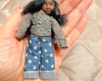 Dark Skin Tone BJD Baby Doll: 9cm 3D Printed Dollhouse Miniature