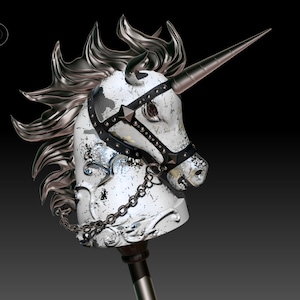 May include: A white unicorn head with a silver mane and horn, wearing a black leather harness with silver studs and a chain. The unicorn head is mounted on a black and silver pole.