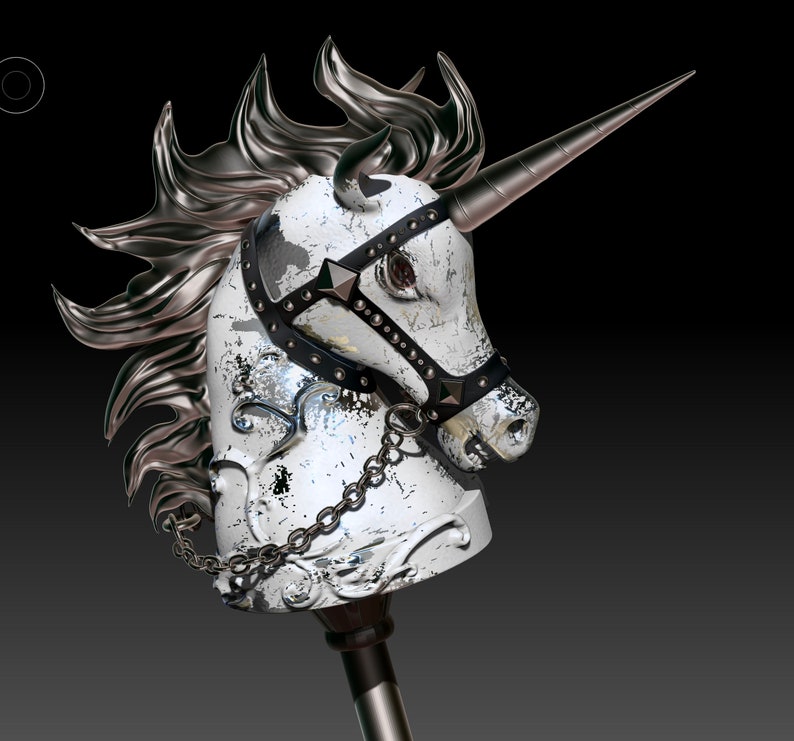 May include: A white unicorn head with a silver mane and horn, wearing a black leather harness with silver studs and a chain. The unicorn head is mounted on a black and silver pole.