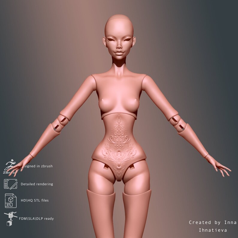 May include: A detailed 3D model of a female doll with a detailed, ornate corset design. The doll is posed with arms outstretched and has a neutral facial expression. The model is designed for 3D printing.