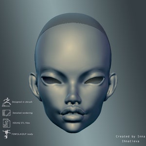 May include: A 3D model of a female face, rendered in a light gray color. The model is designed for 3D printing and is ready for use with FDM, SLA, and DLP printers.