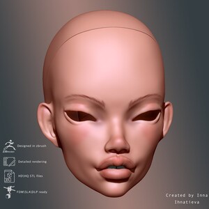 May include: A 3D model of a female face with a neutral expression. The model is rendered in a light pink color and has a smooth, realistic texture. The face is symmetrical and features a high forehead, prominent cheekbones, and a small, delicate nose. The eyes are almond-shaped and slightly upturned, with a subtle hint of a double eyelid. The lips are full and slightly parted, revealing a hint of teeth. The model is designed for 3D printing and is ready for use in various applications.