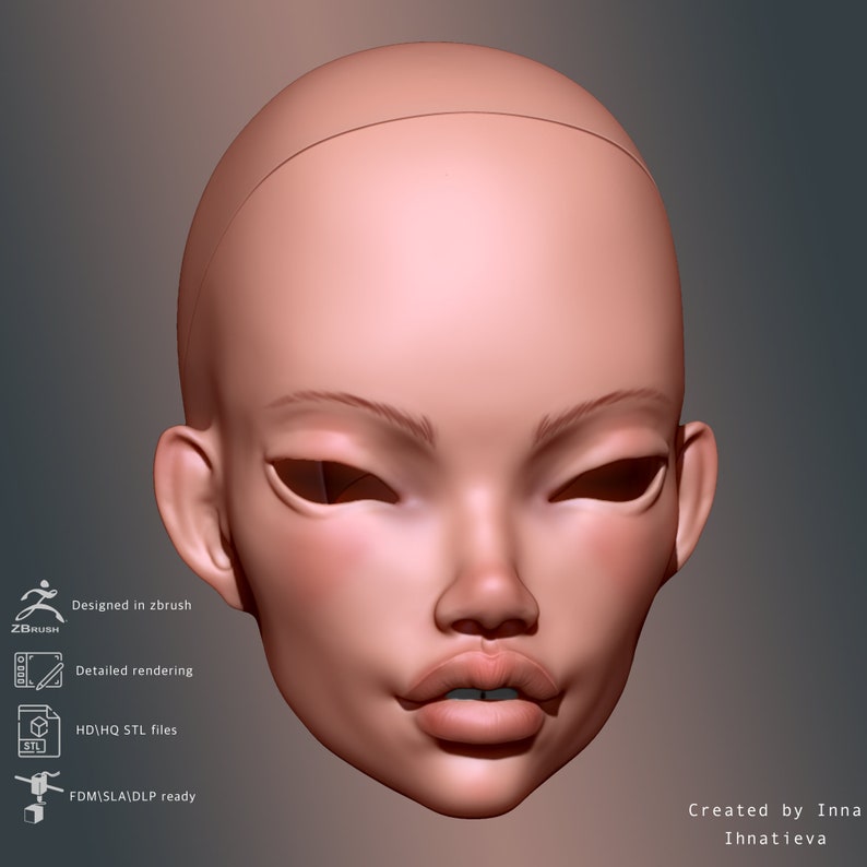 May include: A 3D model of a female face with a neutral expression. The model is rendered in a light pink color and has a smooth, realistic texture. The face is symmetrical and features a high forehead, prominent cheekbones, and a small, delicate nose. The eyes are almond-shaped and slightly upturned, with a subtle hint of a double eyelid. The lips are full and slightly parted, revealing a hint of teeth. The model is designed for 3D printing and is ready for use in various applications.