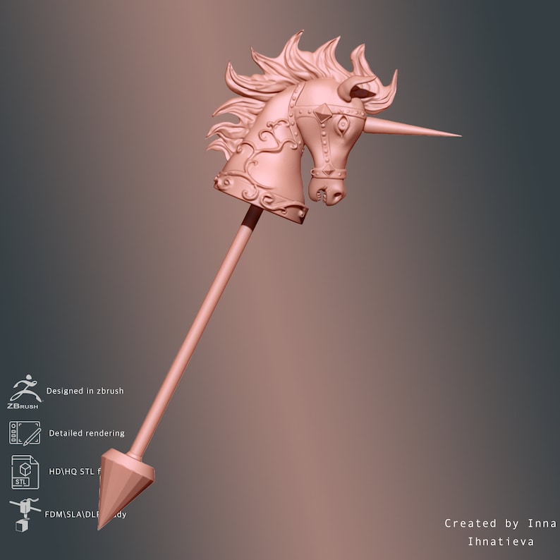 May include: A 3D printed model of a unicorn head on a stick. The unicorn is pink and has a gold horn and bridle. The model is designed in Zbrush and rendered in high quality.