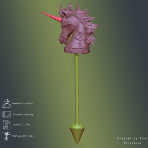 May include: A 3D printed model of a unicorn head on a stick. The unicorn is pink and has a gold horn. The stick is gold and has a pointed tip. The model is designed for 3D printing and is ready to be printed.