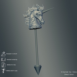 May include: A 3D printed model of a unicorn head on a stick. The unicorn is silver and has a detailed design. The stick is also silver and has a pointed tip.