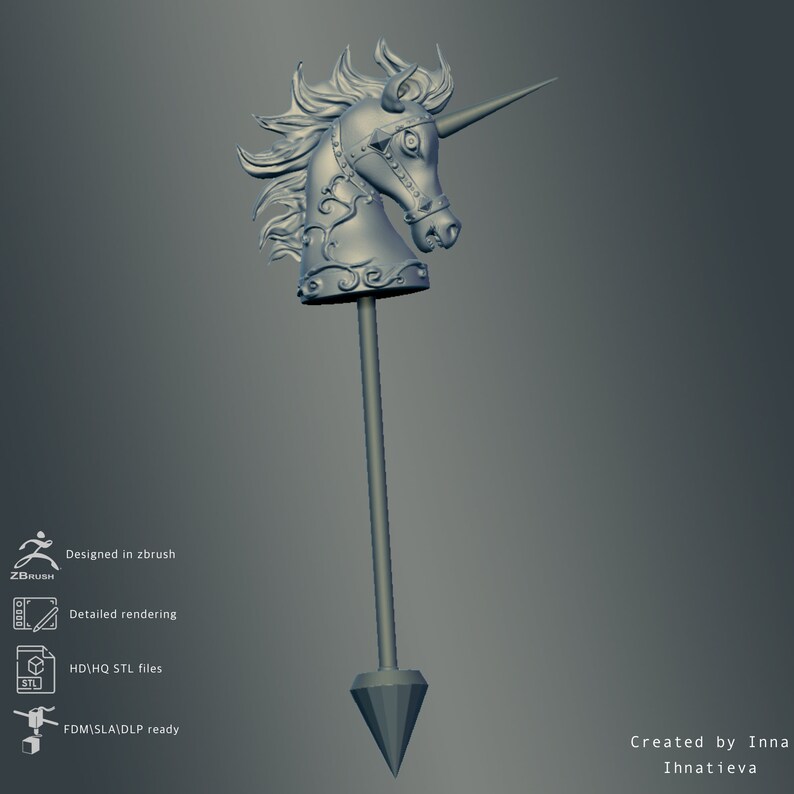 May include: A 3D printed model of a unicorn head on a stick. The unicorn is silver and has a detailed design. The stick is also silver and has a pointed tip.