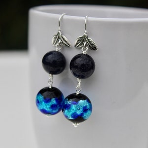 Blue Sandstone Lampwork Glass Earrings, Sterling Silver Leaves