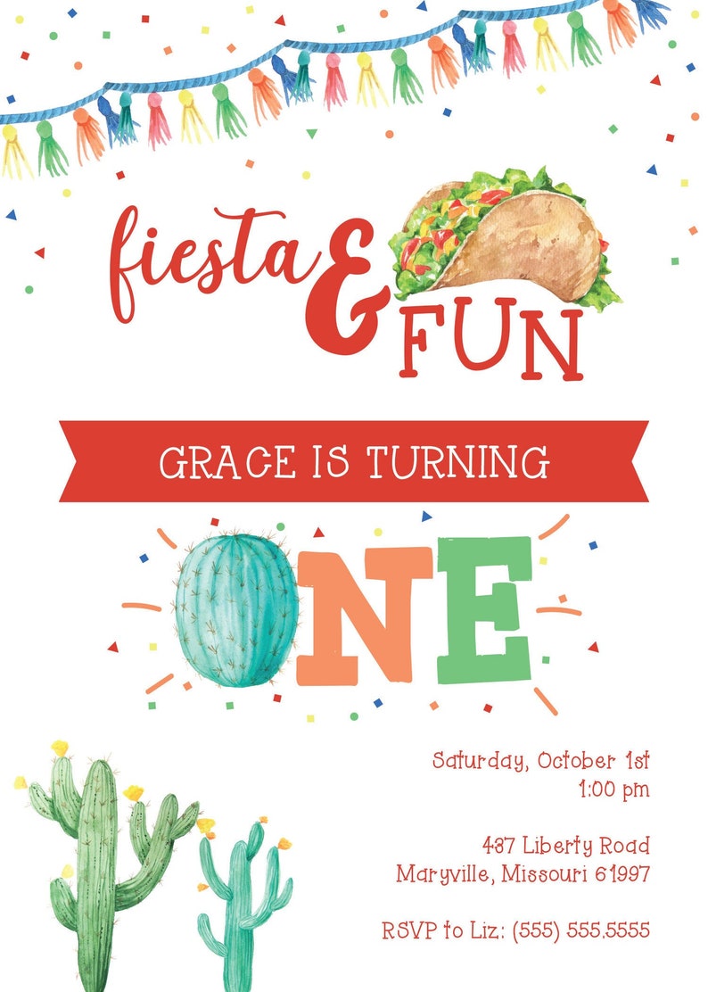 Fiesta Birthday Fiesta and Fun One Year Party. Digital Download Taco Party Fun and One Taco First Birthday First Birthday Invitation