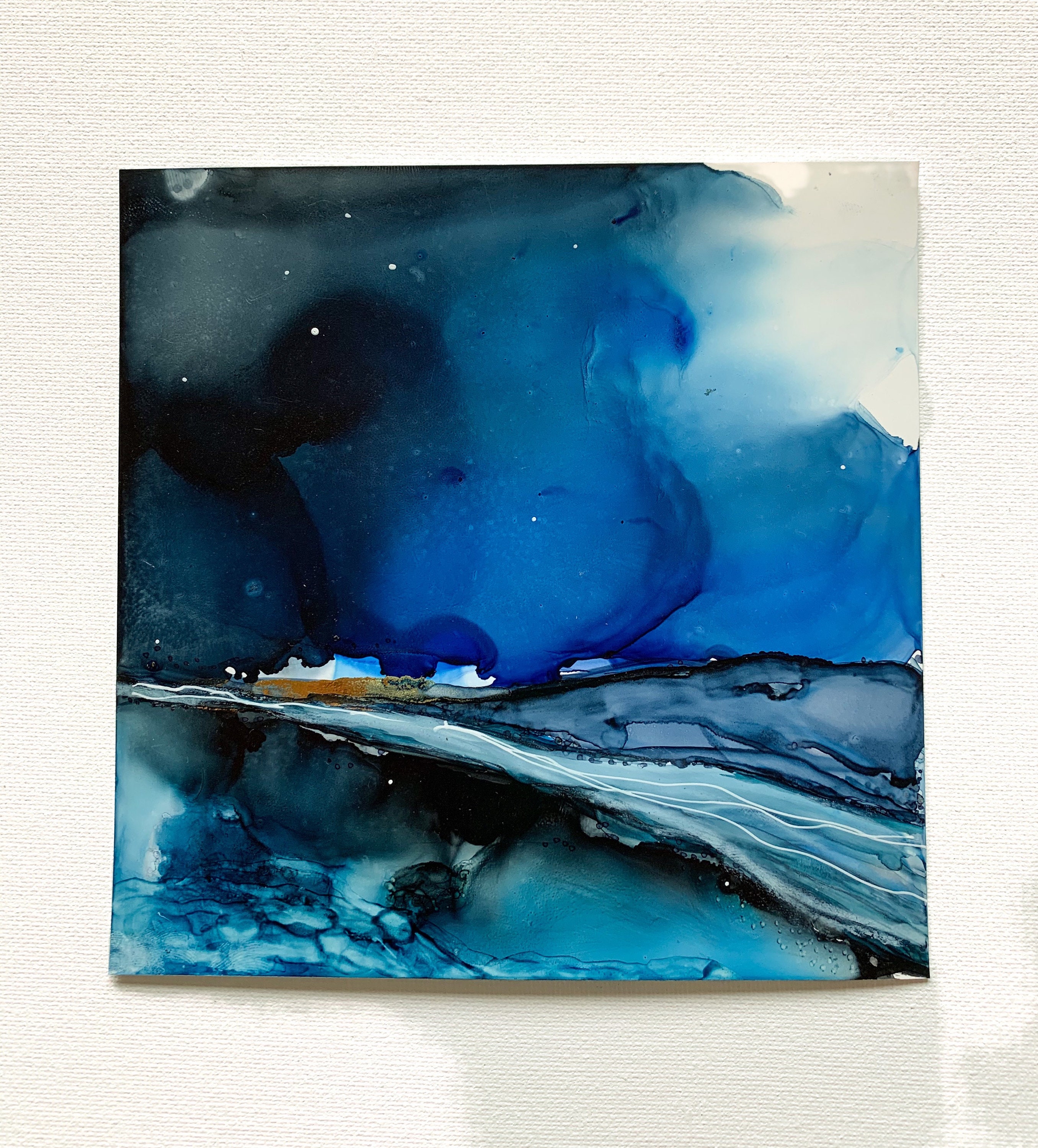 Fine Art & Collectibles :: Painting :: Yupo Paper Alcohol ink original 8.5  x 11 artwork-Blue and black floral abstract