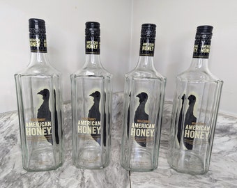 Set of 4 - (1L) - American Honey Bourbon Whiskey Liquor Bottles with Lids.