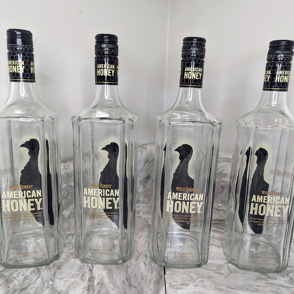 Set of 4 - (1L) - American Honey Bourbon Whiskey Liquor Bottles with Lids.