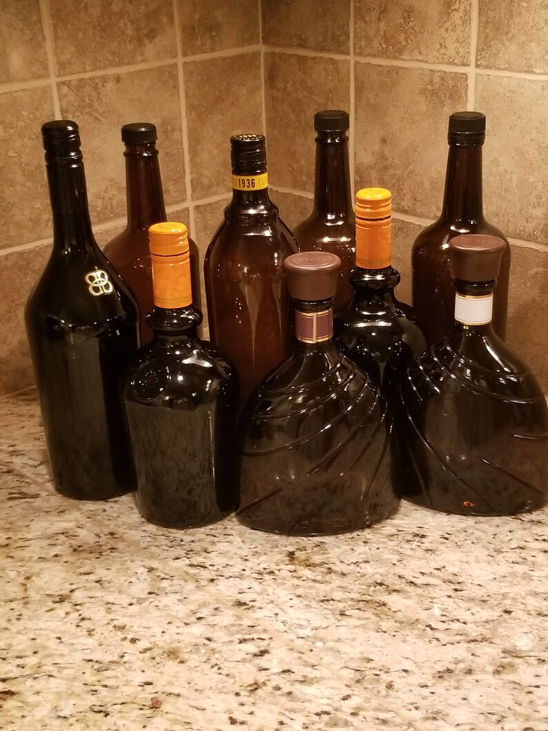 Set of 9 empty Clean Dark Liquor Bottles With Lids. Etsy