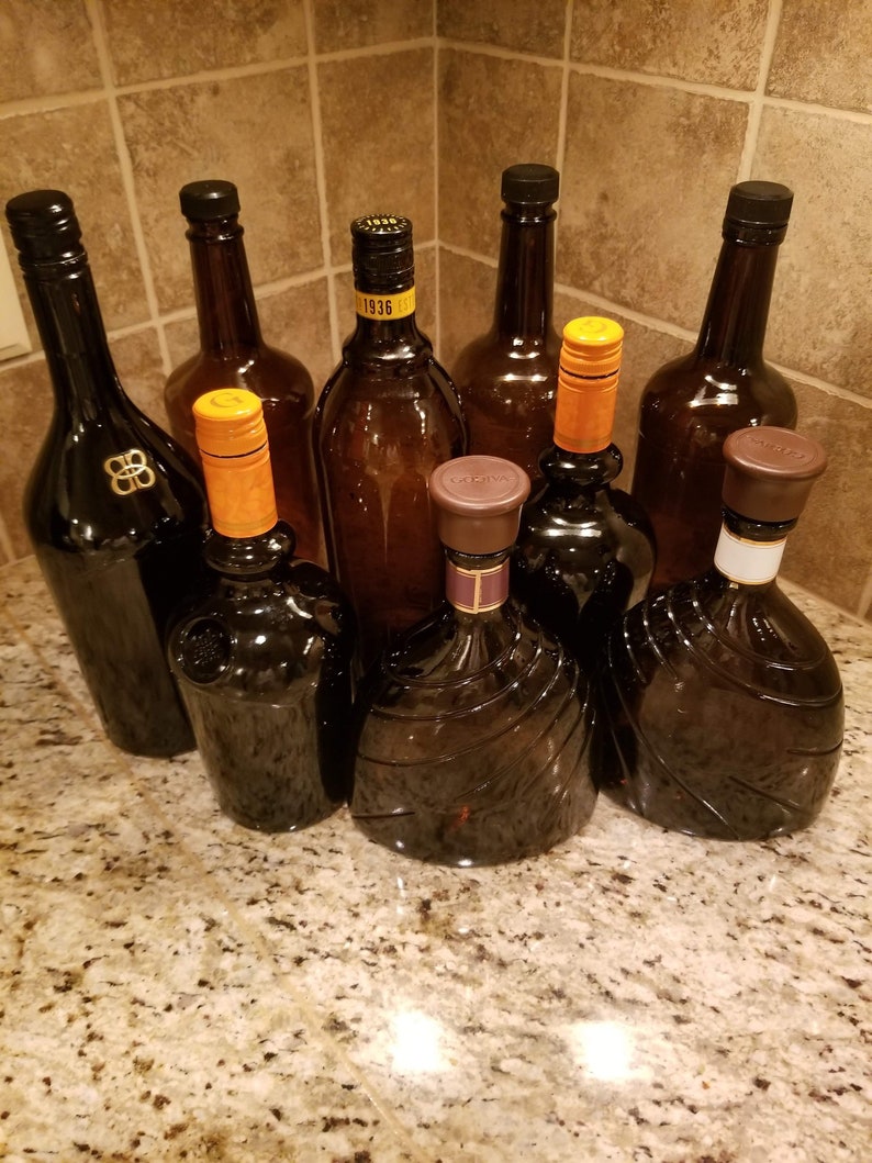 Set of 9 empty Clean Dark Liquor Bottles With Lids. Etsy