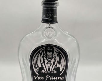 Empty Von Payne Black Whiskey Bottle with Gargoyle Pourer Spout
