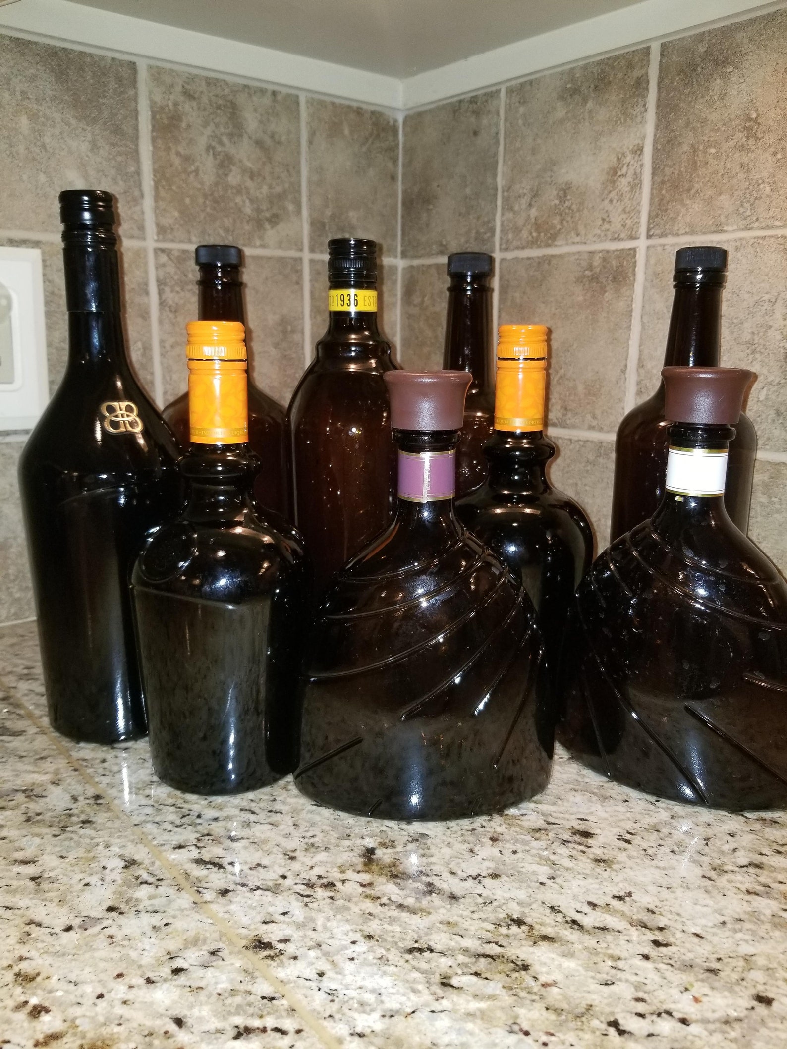 Set of 9 empty Clean Dark Liquor Bottles With Lids. Etsy