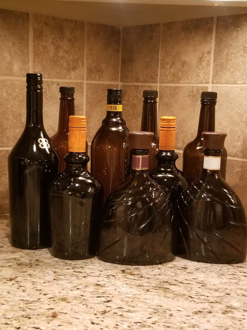 Set of 9 empty Clean Dark Liquor Bottles With Lids. Etsy