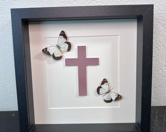 Framed real butterflies and Christian Cross