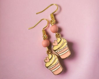 Gold plated earrings with cupcake food hanger