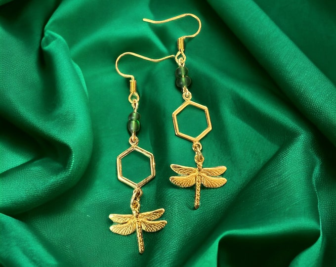 Gold plated earrings with gold dragonfly hanger and green beads