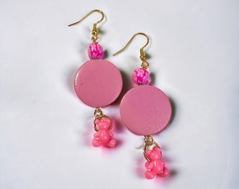 Gold plated earrings with pink beads and bear