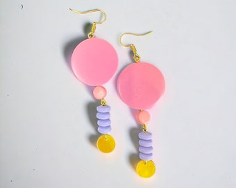 Gold plated earrings with pink purple and yellow beads