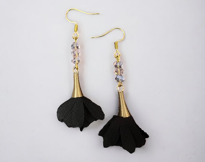 Gold plated earrings with black fabric flower and pink beads