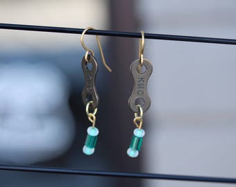 Recycled Single Speed Bike Chain Earrings with Bead Detail