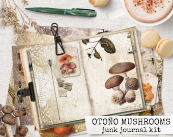 mushrooms digital printable junk journal kit, collage sheets for botanical junk journaling & scrapbooking