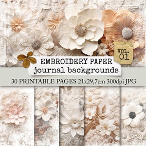 EMBROIDERY PAPER junk journal pages, embroidered paper flowers on fine crochet lace, background pages junk journals, collage sheets 21x29.7