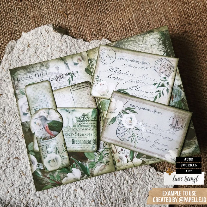 May include: A vintage-style scrapbook page with a green and white floral design. The page features several envelopes with handwritten text, including the words "Correspondenz-Karte" and "Rose Hill".