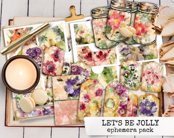 LET’S BE JOLLY junk journal Ephemera Kit Roses Fleurs Oiseaux, Papier Aquarelle, Vintage Notebook Télécharger, junk journal scrapbook 21x29,7