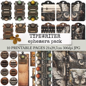 Pack d'éphémères pour machines à écrire, machines à écrire et papillons à découper pour Junk Journal, Scrapbook, Cahiers, Téléchargement numérique
