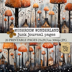 May include: 20 printable pages of whimsical mushroom wonderland junk journal paper. The pages feature a watercolour style illustration of a forest with mushrooms, houses, and snow. The pages are 21x29.7 cm and 300 dpi.