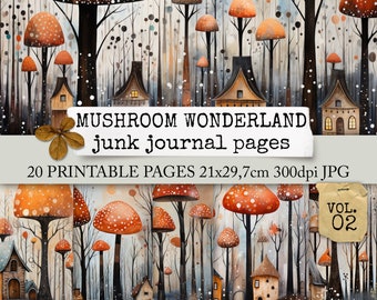 May include: 20 printable pages of whimsical mushroom wonderland junk journal paper. The pages feature a watercolor style illustration of a forest with mushrooms, houses, and snow. The pages are 21x29.7 cm and 300 dpi.