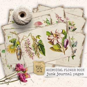 WHIMSICAL FLOWER BOOK pages de journal indésirable, pages de livres de fleurs exotiques de conte de fées, téléchargement de carnet vintage 21x29,7
