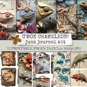 C'MON CHAMELEON! Chamäleon Junk Journal Kit, Papier Download, Tiere Papier für Notizbücher, Tagebücher, Scrapbooks, Karten 21x29,7
