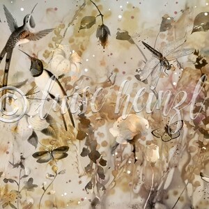 May include: A watercolor painting of a whimsical garden scene with hummingbirds, butterflies, and dragonflies. The background is a soft brown with white and brown splatters. The flowers are white with brown centers. The hummingbirds are brown and white with long tails. The butterflies are brown and white with black markings. The dragonflies are brown and white with black markings.