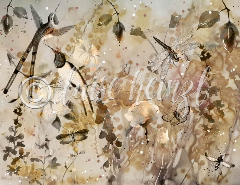 May include: A watercolor painting of a whimsical garden scene with hummingbirds, butterflies, and dragonflies. The background is a soft brown with white and brown splatters. The flowers are white with brown centers. The hummingbirds are brown and white with long tails. The butterflies are brown and white with black markings. The dragonflies are brown and white with black markings.