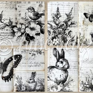 May include: A collage of eight black and white images featuring butterflies, birds, rabbits, and floral designs. The images are printed on a background of old, handwritten ledger paper.