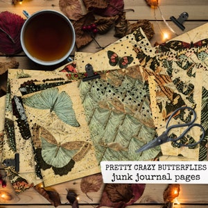 May include: A set of vintage-style paper pages featuring colorful butterfly illustrations. The pages are perfect for scrapbooking, junk journaling, or crafting.