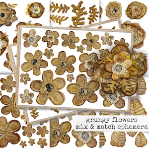 GRUNGY FLOWERS mix & match ephemera pack for junk journal, Collage sheets fussy cutting images instant digital download printable 21x29,7