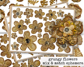 GRUNGY FLOWERS mix & match ephemera pack for junk journal, Collage sheets fussy cutting images instant digital download printable 21x29,7