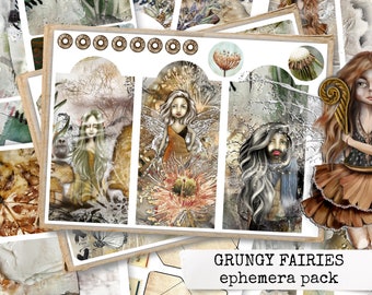 GRUNGY FAIRIES junk journal ephemera pack, digi sheets fairy, instant digital download printable collage sheets for journal, & scrapbook