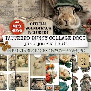 May include: A digital junk journal kit featuring a collage of vintage-style bunny illustrations. The kit includes 44 printable pages, with an official soundtrack. The pages measure 21x29.7cm.